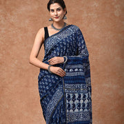 Blue Indigo Symphony Chanderi Silk Hand-Block Saree - Paheli-Jaipur